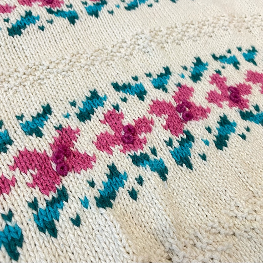 L.L. Bean Cream Crewneck Sweater with Pink and Teal Floral Fair Isle - Picture 6 of 9